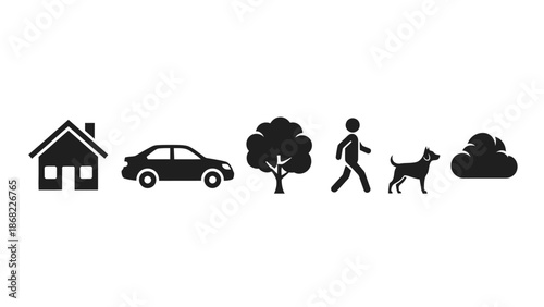 Black and white vector icons representing house car tree person dog and cloud