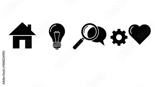 Black icon set illustrating home idea search settings and love on white