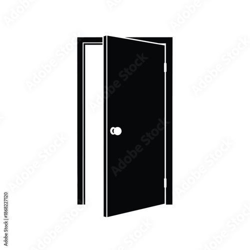 Vector illustration icon a black door with a white outline is slightly ajar on a pure, showing a small portion of the interior