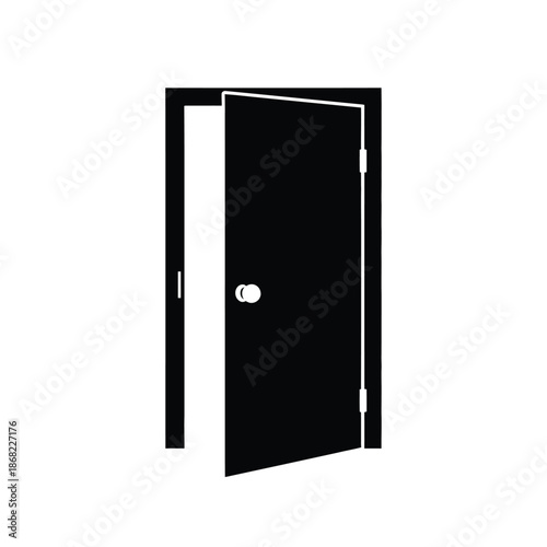 Vector illustration icon a black door with a white handle is slightly ajar on a