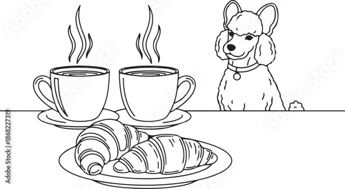 A charming line art illustration featuring a poodle at a cafe table with steaming coffee cups and fresh croissants. This clean vector is ideal for coloring books and cafe-themed designs.