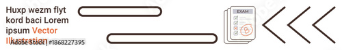 Workflow design, education planning, visual progress, data analysis, testing processes, graphic . Progress lines, arrows and an exam paper. Workflow and education planning concept