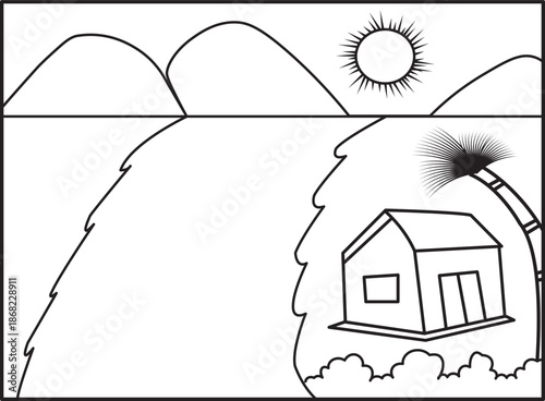 The house of the house, which lives by the river, hidden behind the grass and leaves, would be a good page for the children to color, black and white.