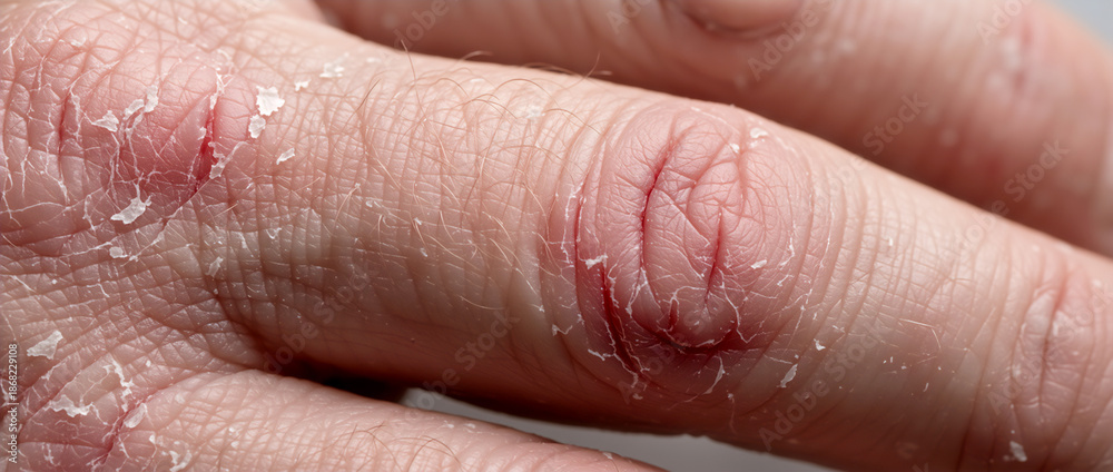 Fototapeta premium Extreme macro close-up of dry cracked human skin texture. Damaged finger with deep fissures and peeling flakes. Dermatology and skin care concept for eczema or dermatitis treatment