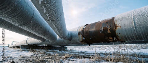 Network of heavy industrial oil pipes covered in frost and snow. Rusty metal gas pipeline in a winter landscape. Energy infrastructure concept