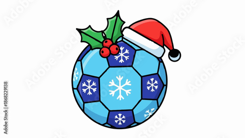 Blue soccer ball with snowflakes and Santa hat, adorned with holly