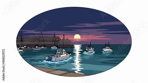 Boats sail on calm water at dusk with a large structure and moonlit sky