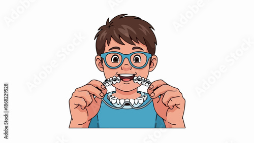 Boy with blue glasses holds dental appliance with teeth