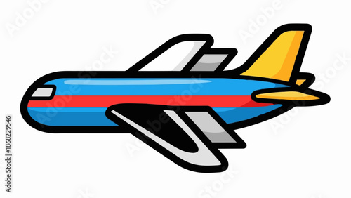 Bright blue and red striped airplane with yellow tail and gray wings