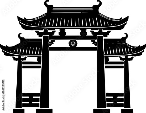 Traditional Japanese Torii Gate and Temple Entrance Silhouette, Oriental Architecture Vector