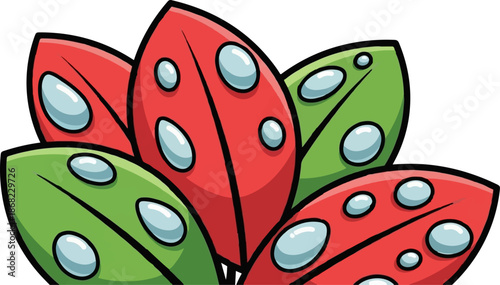 Bright, cartoonish leaves with dew drops, red and green