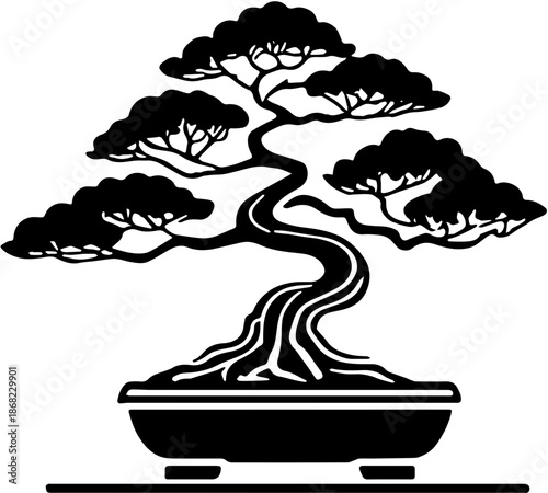 Detailed silhouette of a bonsai tree in a pot