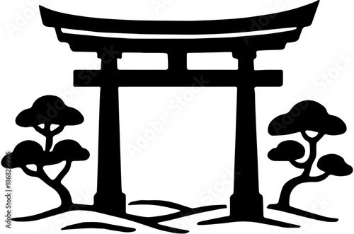 Silhouette of a Torii gate with bonsai pine trees
