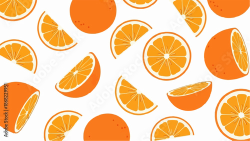 Bright orange citrus slices and whole fruits scattered across a white background, creating a vibrant pattern