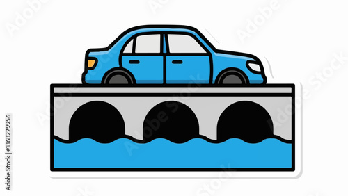 Blue car stranded on a bridge over flowing water with arches below