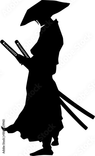 Side view silhouette of a samurai warrior with katanas