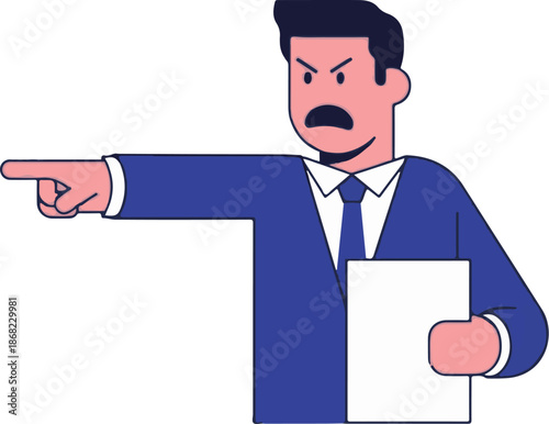 Angry businessman in suit pointing and holding blank paper