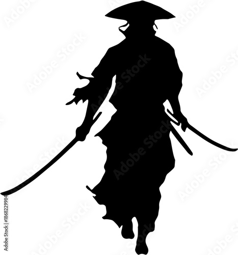 Silhouette of a Japanese samurai ronin holding two katanas