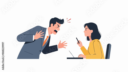 Angry businessman shouts at calm businesswoman with phone and laptop