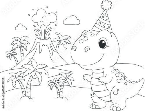 A smiling dinosaur wearing a party hat standing in front of a volcano-Coloring Page design
