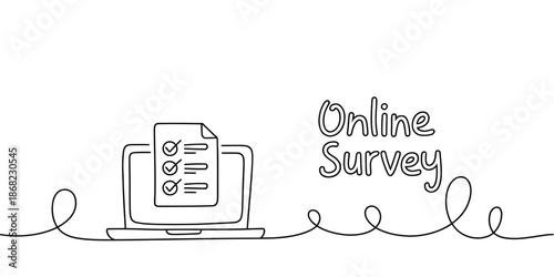 Continuous line drawing of a laptop with a checklist on screen and the text Online Survey, isolated on transparent background