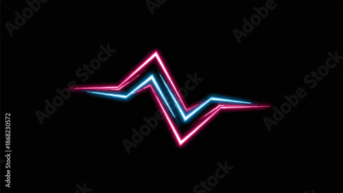 Abstract neon zigzag lines in blue and pink glow on black