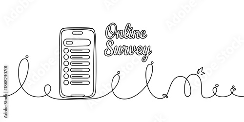 Online survey concept with smartphone and continuous line art symbolizing connection and data collection