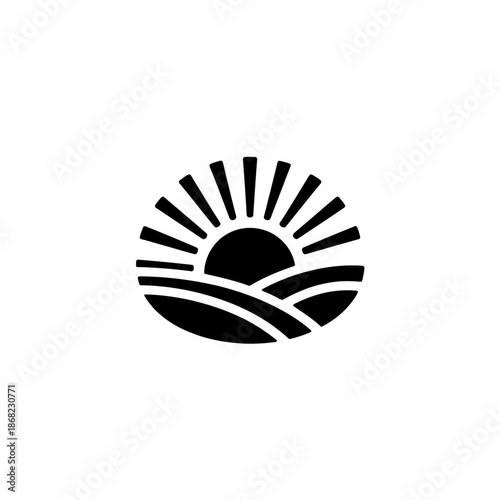 A simple black and white icon depicting a radiant sun rising above rolling agricultural fields