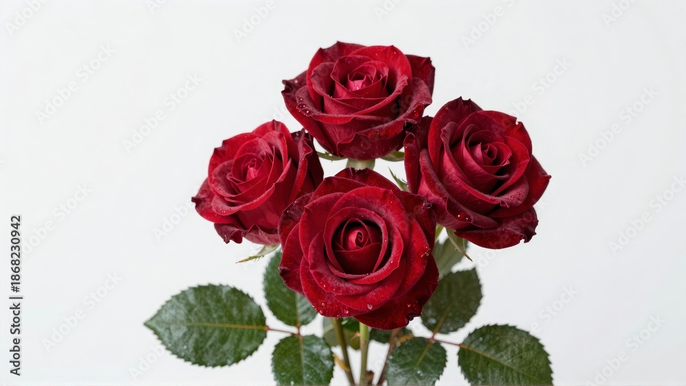 Fototapeta premium Four red roses with water droplets on white background