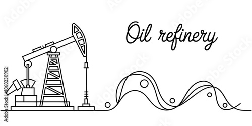 Line art illustration of an oil pump jack and refinery text, isolated on transparent background