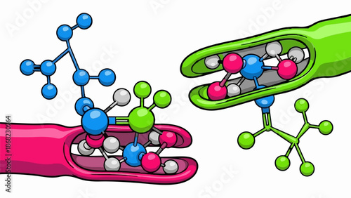Abstract depiction of atomic structures interacting with shaped objects