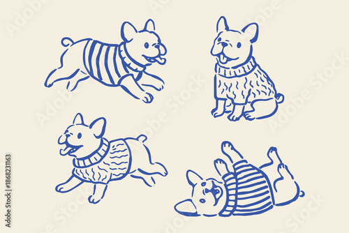 French bulldog in sweaters doodle outline set vector illustration