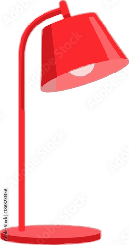 Bright red desk lamp with adjustable arm and conical shade on circular base