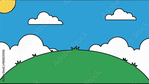 Bright sun shines on a rolling green hill under a blue sky with fluffy white clouds