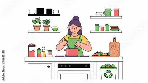 Animated person cooking in a kitchen, stirring a pot on a stove, with shelves and bins