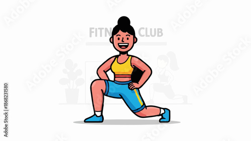 Animated woman performing a lunge exercise in a gym