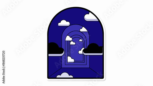 Arched hallway receding into darkness with stylized clouds floating within