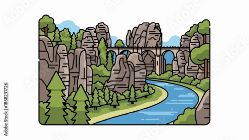 Arched bridge spans a blue river winding through a rocky, forested gorge