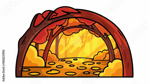 Archway of autumnal trees framing sunlit forest path with fallen leaves