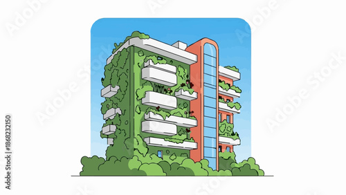 Artistic depiction of a modern building with green facades under a bright blue sky