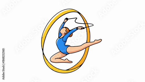 Artistic depiction of rhythmic gymnastics with a gymnast performing a leap with a ribbon