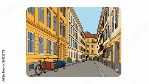 Artistic depiction of an empty European street with yellow buildings and two bikes