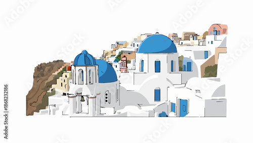 Artistic depiction of whitewashed buildings with blue domes nestled on a hillside, under a white background