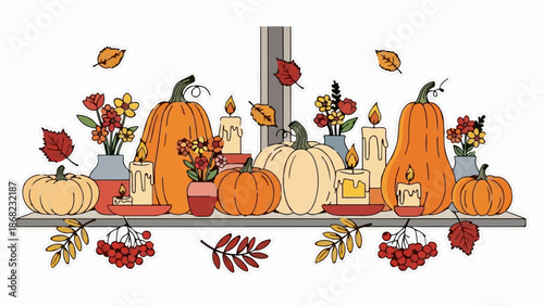 Autumnal display with pumpkins, candles, flowers, and fallen leaves on a shelf