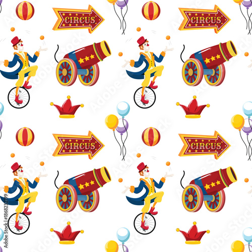 Repeating circus elements pattern featuring acrobatic clowns, circus signs, cannonballs, bikes, air balloons, infinite white tile for textiles, party decor, digital paper, amusement print