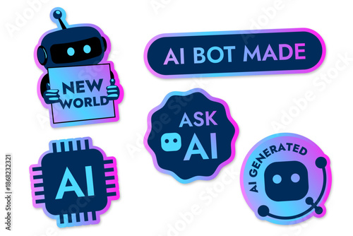 A set of colored stickers with a robot on the theme of AI generation and the future
