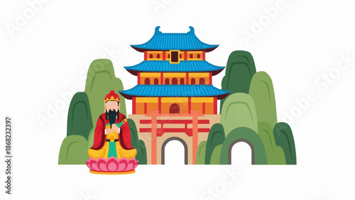 Asian pagoda structure with lush green mountains and a figure on a lotus