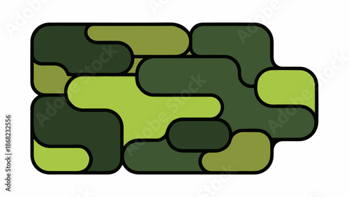 Abstract pattern of rounded rectangular shapes in varying shades of green and dark green, interconnected