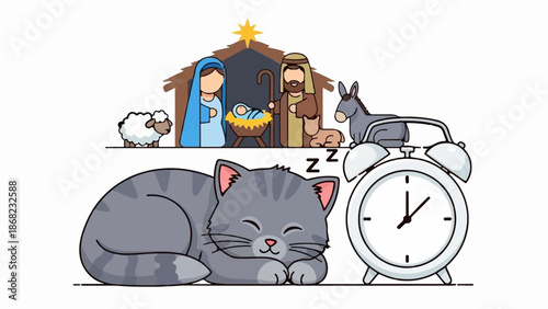 Adorable tabby cat naps peacefully beside a nativity scene and an alarm clock