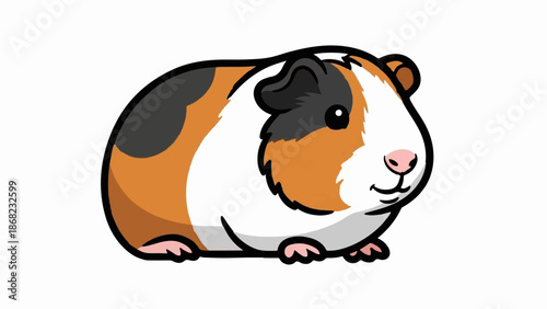 Adorable tri-color rodent with a happy expression and small paws, rendered in a simple cartoon style